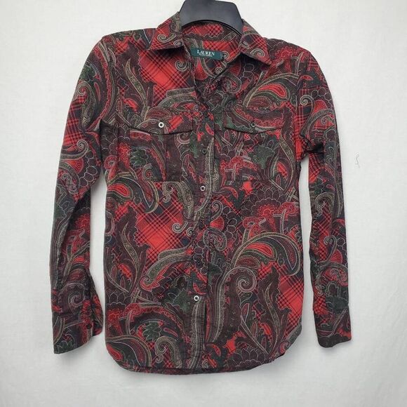 Lauren Ralph Lauren SMALL Petite Red Paisley Button Front Blouse - Picture 2 of 6